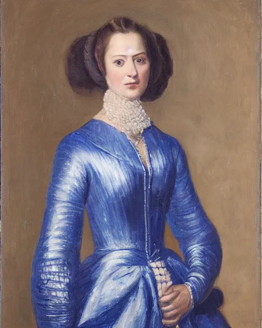 Image similar to an expensive portrait of a poised woman in metallic starry blue long structured robes, high collar, muted background