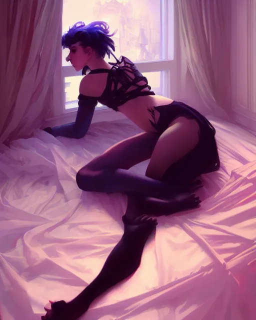 Image similar to emily rajtkowski, goth, posing, vaporwave, modern bedroom!!!!!, highly detailed, digital painting, artstation, concept art, smooth, sharp focus, illustration, art by artgerm and greg rutkowski and alphonse mucha