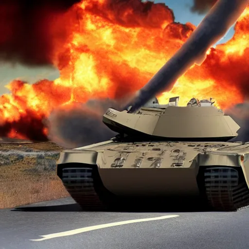 Prompt: A M1A1 Abrams MBT smoldering in the middle of a highway as advanced combat drones fight in the sky above, DARPA illustration, 8k, futuristic, combat photography