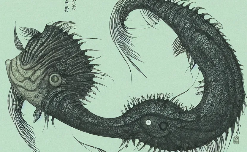 Image similar to creepy fish by shaun tan, side view, style of yoshitaka amano john kenn mortensen takato yamamoto junji ito gediminas pranckevicius