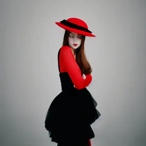 Image similar to fine art portrait photography half - length portrait of stunning girl in a red hat and black dress, kodak portra 4 0 0, 8 k, soft light, volumetric lighting, highly detailed,,