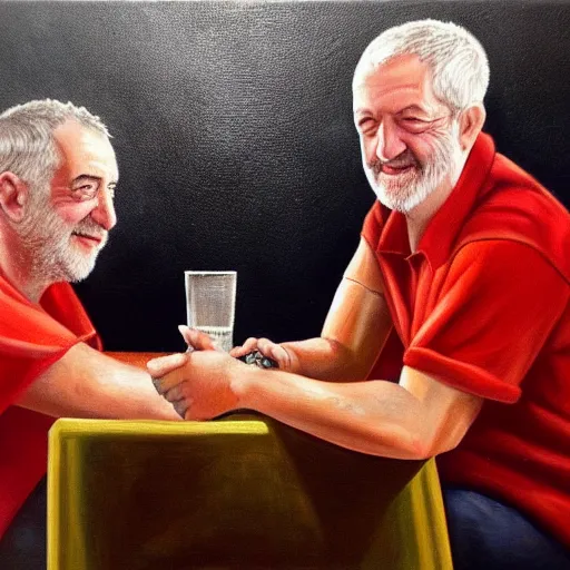 Image similar to oil painting of jeremy clarkson and jeremy corbyn arm wrestling in a dingy pub