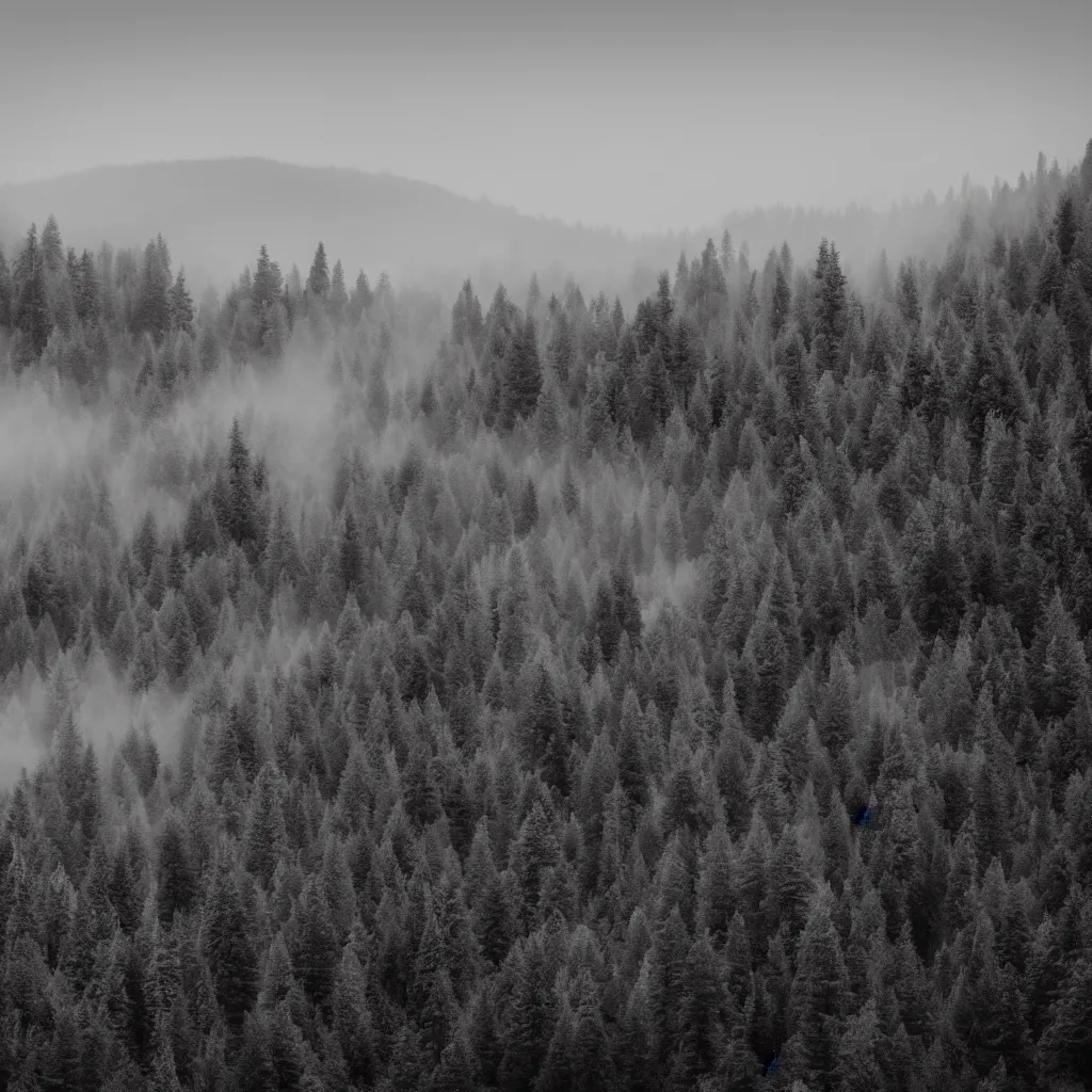 Prompt: monochrome photo of ambient and misty mountains with a lot of trees, 4 k