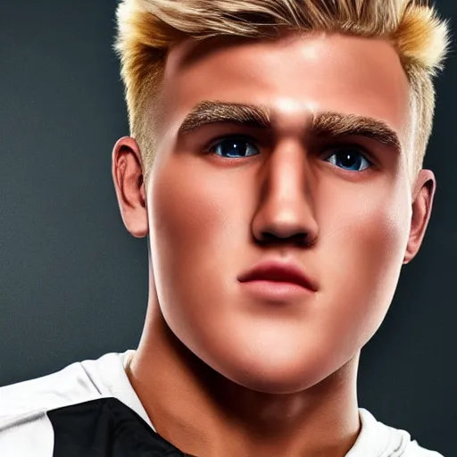 Prompt: a realistic detailed photo of boxer & youtuber jake paul as a humanoid robot, blank stare, shiny skin