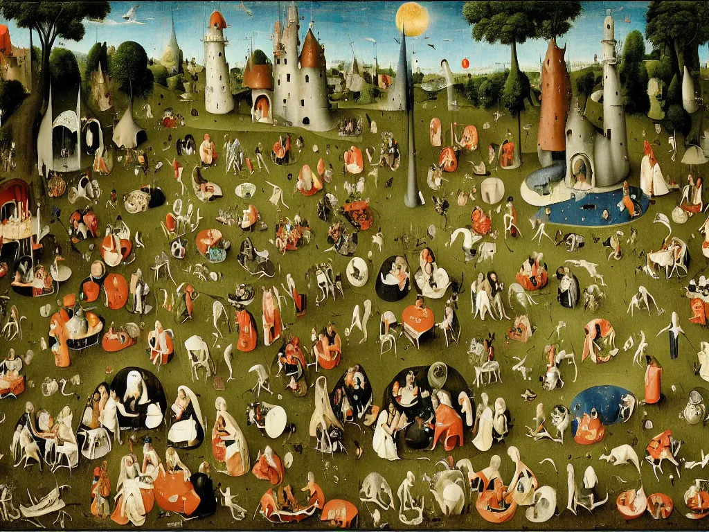 Prompt: hieronymus bosch le dejeuner sur l'herbe delights, diorama, panorama,