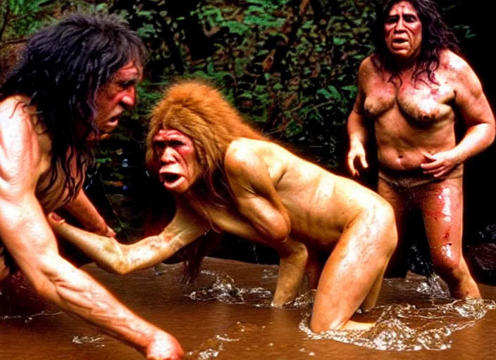 Prompt: a homo sapien cavewoman oil wrestling with a neanderthal cavewoman, movie still photograph taken by richard kern, from the movie clan of the cave bear, 8 k, realistic
