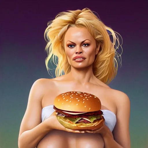 Image similar to portrait of Pamela Anderson eating hamburgers, extra onions and ketchup, luscious patty with sesame seeds, feminine ethereal, handsome, D&D, fantasy, intricate, elegant, highly detailed, digital painting, artstation, concept art, matte, sharp focus, illustration, art by Artgerm and Greg Rutkowski and Alphonse Mucha