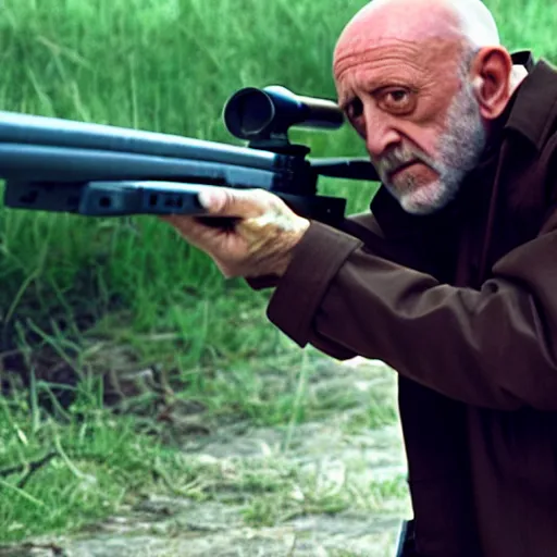 Image similar to Film still of Mike Ehrmantraut aiming a !!!sniper rifle!!!, 4k, !!highly detailed!!