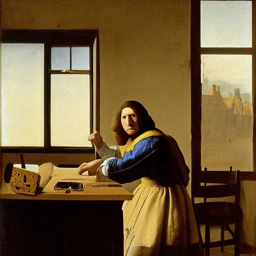 Image similar to An oil painting of Antonie van Leeuwenhoek sat at an escritoire desk with his hand touching a large fossil, there is a window with muntins to his left and a wood closet behind him, in the style of The Astronomer by Vermeer, Dutch Golden Age, Old Masters