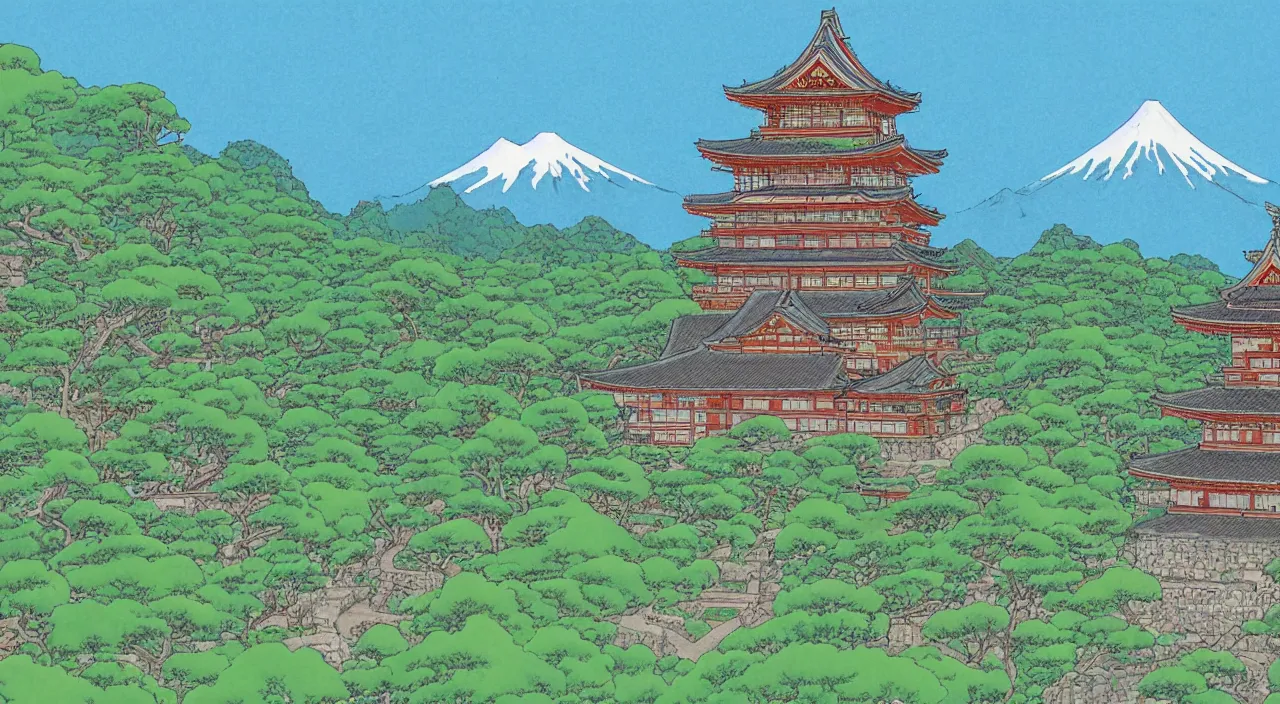 Image similar to a Japanese castle, with a garden as foreground, with mountains as background, by Studio Ghibli