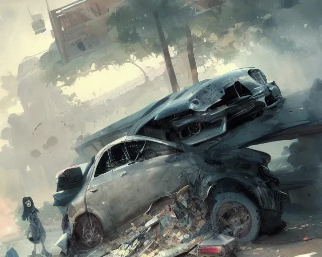 Image similar to a messy car accident, anime art, Greg Rutkowski, studio ghibli, dramatic lighting