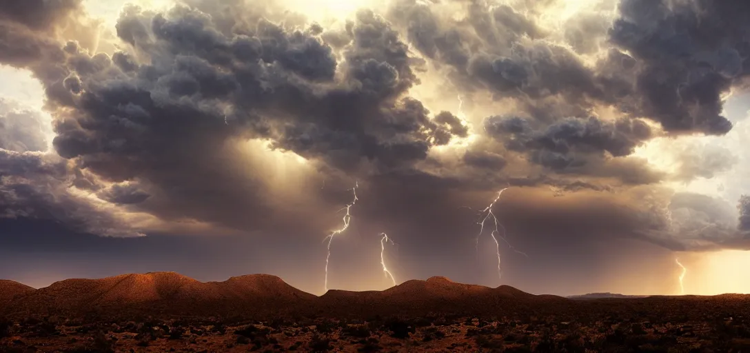 Prompt: a beautiful picture of a dark thundercloud in a desert, intricate detail, god rays, an extremely close lightning strike, sunset, serene, volumetric lighting, volumetric clouds, 8 k, hyperrealistic, digital art trending on artstation