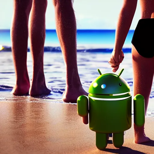 Image similar to a cybernetic android couple holding hands at the beach, high resolution, 8k, extreme detail