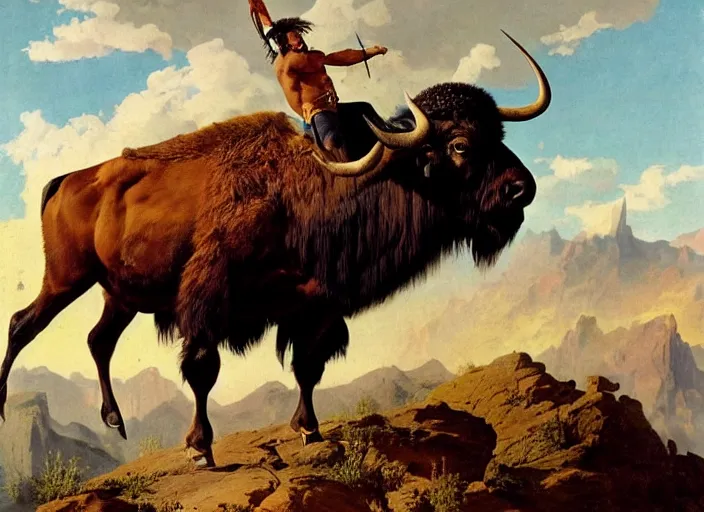 Image similar to willem dafoe as a native american riding bison, buffalo, native american warrior, mountain range, beautiful sky, standing on the edge of a cliff, 1 9 th century, painted by frazetta