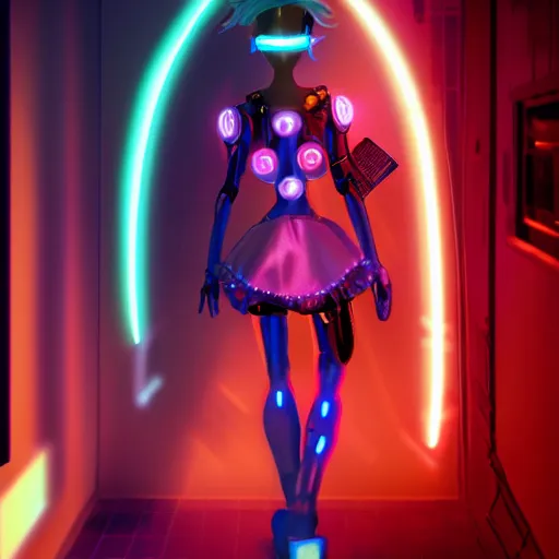 Image similar to blue cyber porcelain doll with led eyes. standing in middle of dark hallway. volumetric light on back. broken neon lighting. cyberpunk. high details, photorealistic, artstation trending. dark mood. anime, akira.