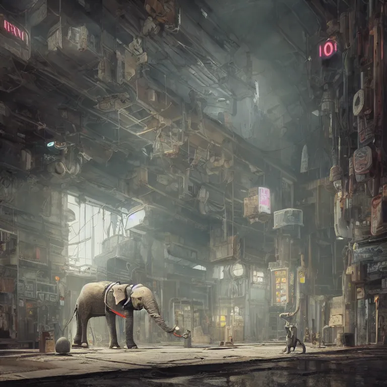 Prompt: a robotic elephant walking through an abandoned gas station in the style of howl's moving castle, 7 0's science fiction comics and enki bilal, cyberpunk, mystical, 8 k, high definition, realism, octane render, cinematic lighting