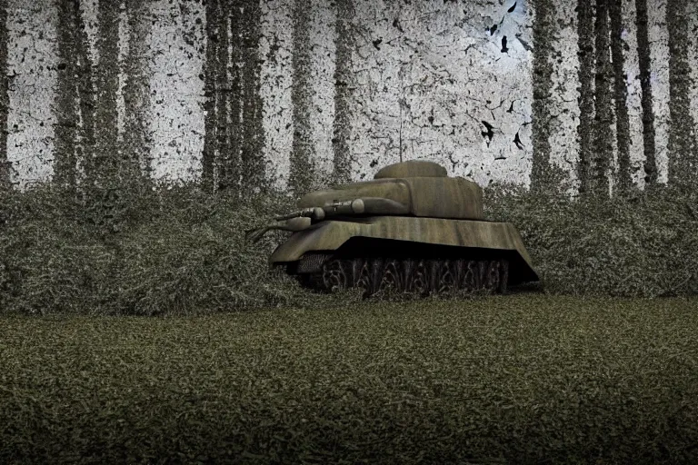 Image similar to 3d render of M4A3 Sherman hidden in bush camo netting dark gritty photo ((((grunge)))) barrel peaking out of the bush ((((((green grey color palette) cinematic ((((((Fury 2014 film)))))) detailed european forest Belgium summer overcast cloudy day