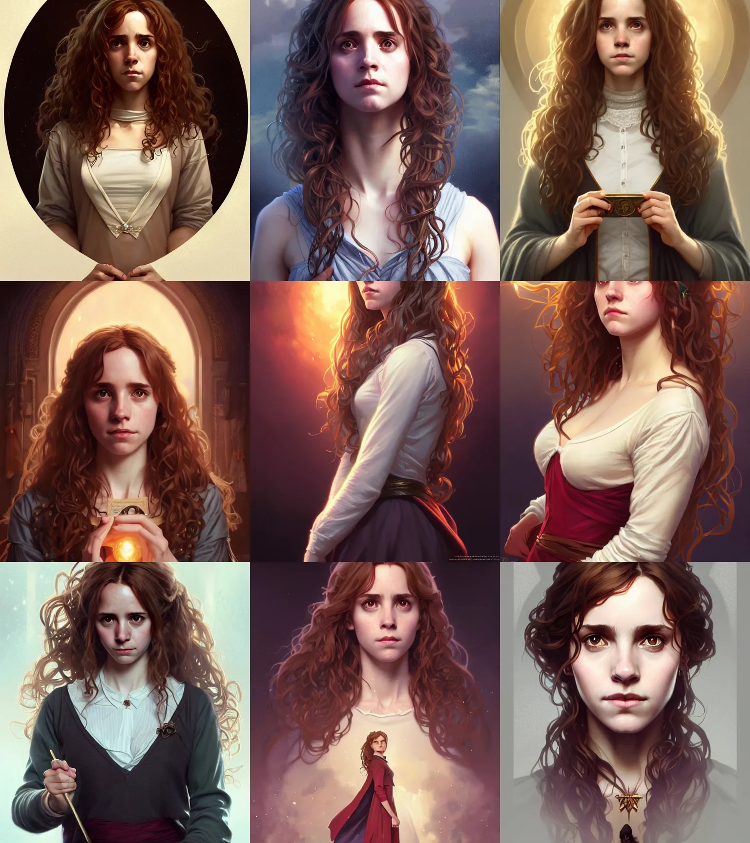 Prompt: alluring portrait of hermione in harry potter, intricate, full body, highly detailed, digital painting, artstation, concept art, naughty, sharp focus, cinematic lighting, illustration, art by artgerm and greg rutkowski, alphonse mucha, cgsociety
