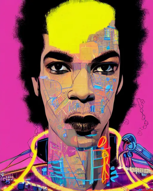 Prompt: a cyberpunk portrait of prince by jean - michel basquiat, by hayao miyazaki by artgerm, highly detailed, sacred geometry, mathematics, snake, geometry, cyberpunk, vibrant, water