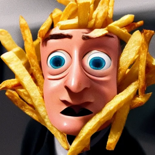 Image similar to photo of [ a single french fry chip ] shaped into stephen fry as a pixar character hybrid intercross mix cinematic lighting