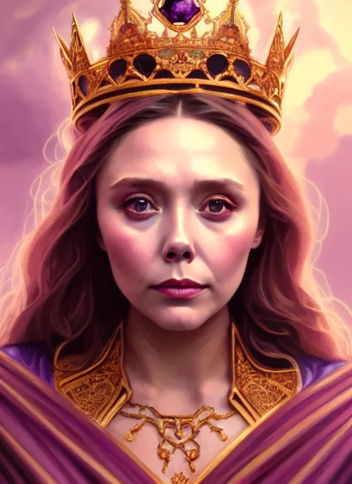 Image similar to portrait of elizabeth olsen as a queen, throne, jewelry, greek, amethyst, intricate, headshot, highly detailed, digital painting, artstation, concept art, sharp focus, cinematic lighting, illustration, art by artgerm and greg rutkowski, alphonse mucha, cgsociety