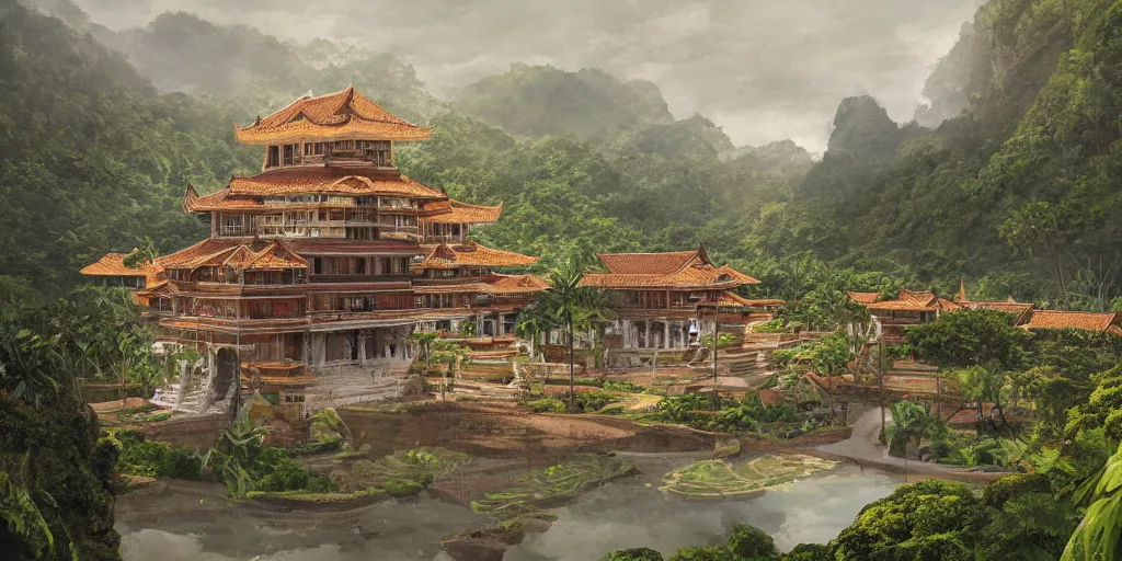 Image similar to Sprawling imposing grand royal Filipino palace with a grand staircase leading up the palace, 6 storeys, native Filipino architecture, located atop a rice field in a valley, beside a great chasm, digital painting, concept art by Shaddy Safadi