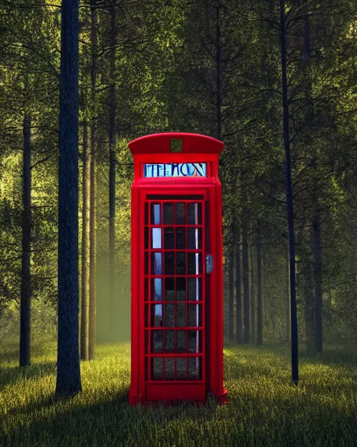 Image similar to american phone booth with antenna in the woods, hyper realism, cinematic, volumetric lighting, octane render, unreal engine, 8 k, concept art, digital art, deviantart artstation,