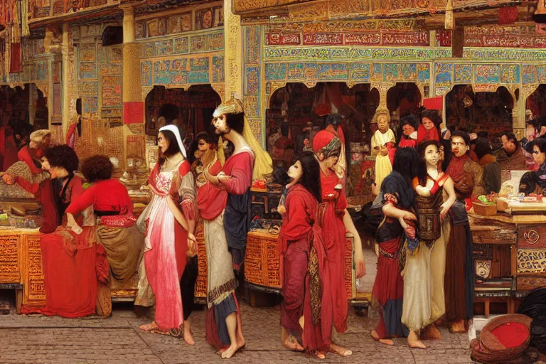 Prompt: orientalist paintingof a busy marketplace. In the center is a woman with thick black bangs and curly hair wearing a red dress selling tapestries intricate artwork by Fabio Fabbi and john william waterhouse and Edwin Longsden Long and Nasreddine Dinet and Theodore Ralli trending on artstation, very coherent symmetrical artwork high detail 8k