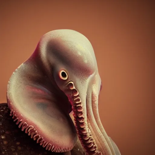 Image similar to dramatic full close - up portrait of a sad human cephalopod hybrid, detailed, dimly light room, volumetric lighting,