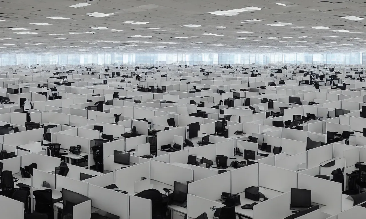 Image similar to interior of the biggest office in the world, thousands of cubicles, copy machines, desk workstations, wide angle lens