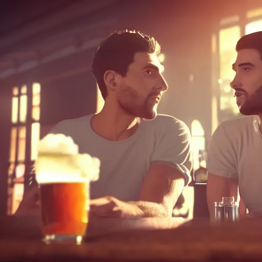 Image similar to cinematic scene with attractive male and another attractive male, shorts, drinking their hearts out, in the pub, high definition, very detailed, volumetric lighting, still frame