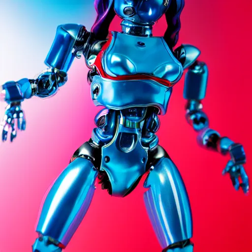 Prompt: studio photography full view of a translucent blue cyborg anime girl action figure with chromed cybernetics inside her body, chogokin, microman, micronauts, in a light box with a red background