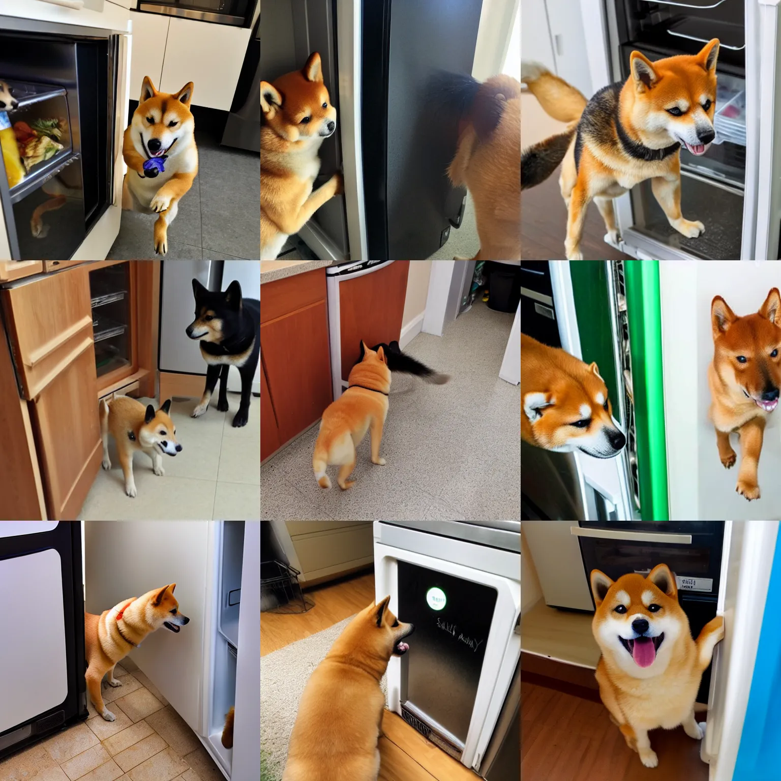 Prompt: a shiba inu thief stealing food from the fridge