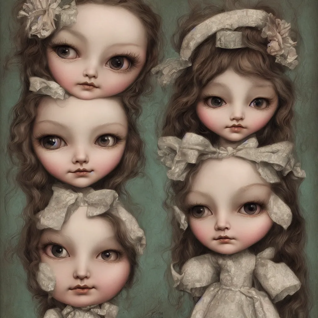 Image similar to cute pocelain doll, Mark Ryden style, highly detailed, digital painting, artstation, concept art, smooth, sharp focus, illustration,