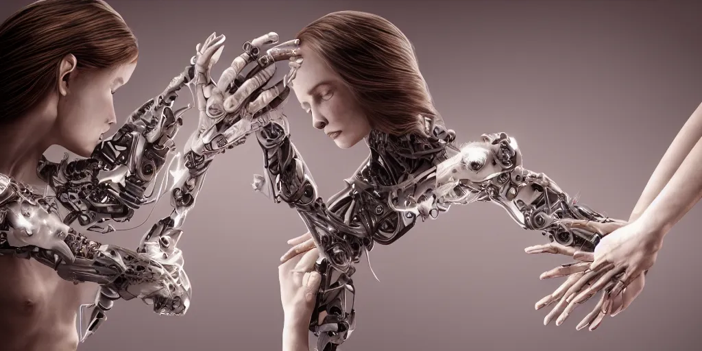 Prompt: photorealistic gorgeous symmetrical female cyborg, soft touching fingers, the creation of adam, ribbon highly detailed, arms, knees, intricate, exuberant filigree, in the style of beth cavener, jin kagetsu, wlop, masterpiece, concept art, high key lighting, ambient lighting, octane render, 8 k, artstation