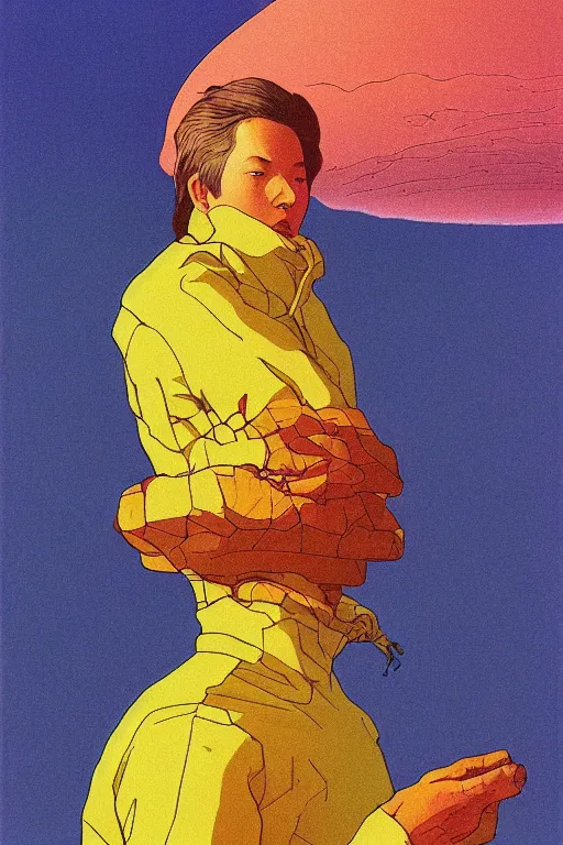 Image similar to a closeup portrait of anti - gravity, a young siberian man dreaming psychedelic hallucinations in the vast icy landscape of antarctica, volcano lava drips in anti - gravity by kawase hasui, moebius and edward hopper, colorful flat surreal design, hd, 8 k, artstation