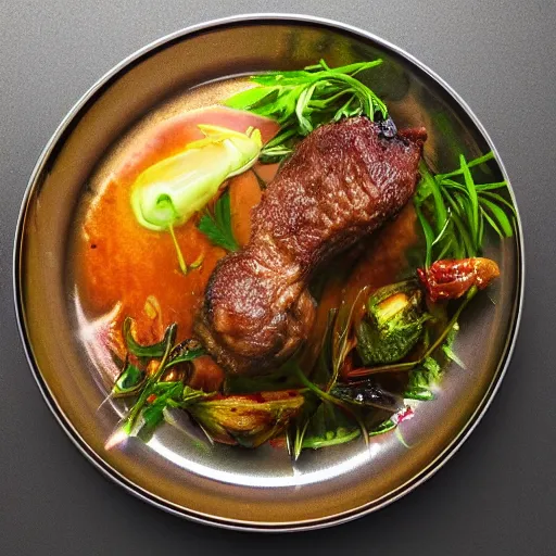 Prompt: A carnist dish served on a shiny plate on it, award winning photograph, artstation, incredible quality, hyperrealistic, sharp, high resolution, Michelin star