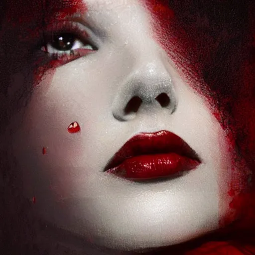 Image similar to lips sewn shut surrounded by red curtains by Conrad Roset and Nicola Samuri, close-up shot, rule of thirds, seductive look, beautiful, intricate, dystopian, sci-fi, extremely detailed, digital painting, artstation, concept art, smooth, sharp focus, illustration, intimidating lighting, incredible art, details visible, very dark ambiance