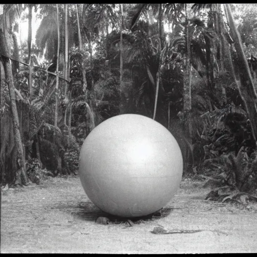 Image similar to a rizom lost film footage of a ( ( ( ( ( ( ( ( sphere ) ) ) ) ) ) ) ) in the middle of the tropical jungle / tripicalism / film still / cinematic / enhanced / 1 9 2 0 s / black and white / grain