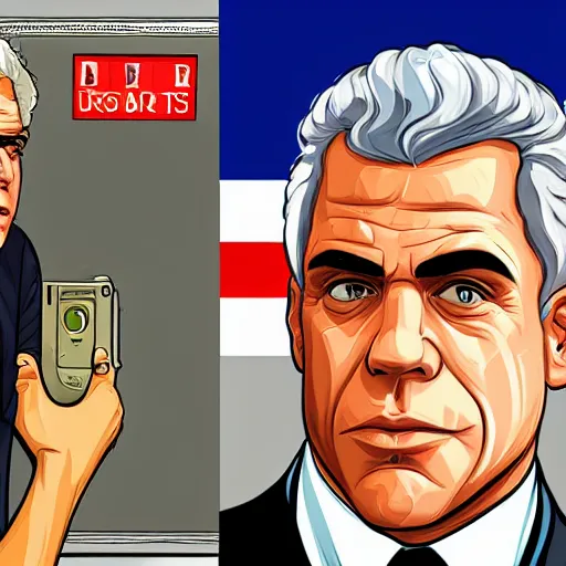 Image similar to portrait of Yair Lapid as a GTA v character. GTA v loading screen illustration by martin ansin, matt bors