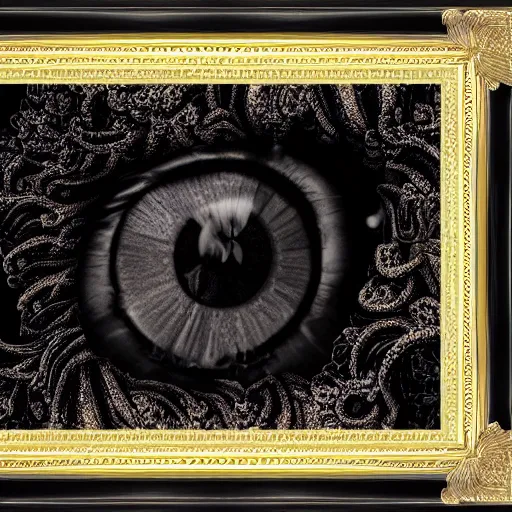 Prompt: black, ultraviolet smoke from it reflects the stunning beauty of a large velvet black iris flower. fantasy. complex details. gold frames