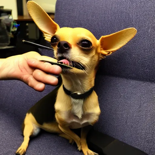 Prompt: a chihuahua smoking weed in an office