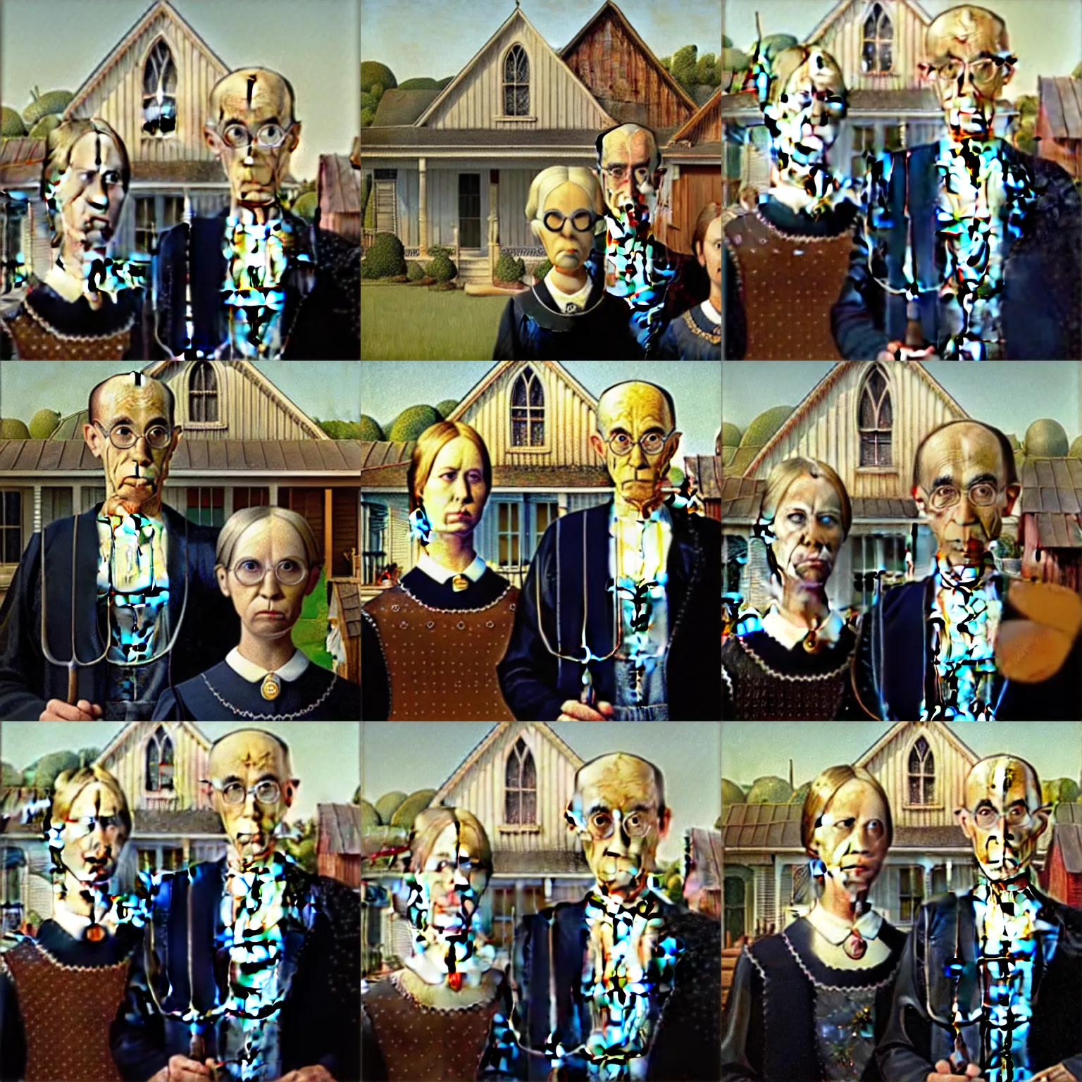 Prompt: American Gothic by Grant Wood, but it's minions instead