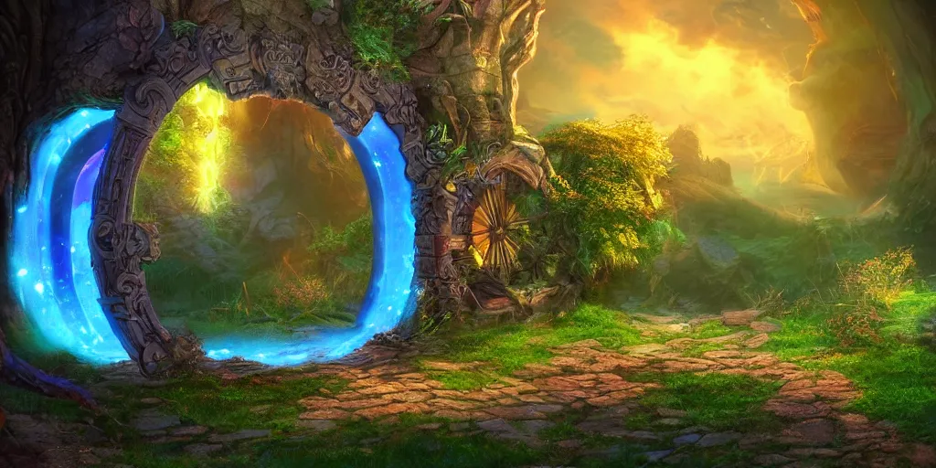 Image similar to fantasy world portal by Lisa Frank dramatic lighting, cinematic establishing shot, extremely high detail, photorealistic, cinematic lighting