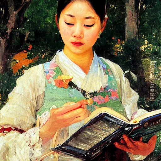 Image similar to portrait of asian beautiful woman reading from smartphone masterpiece painting by vasnetsov and surikov, JEAN-VICTOR BERTIN, by Terence Cuneo, detailed, t artfully traced