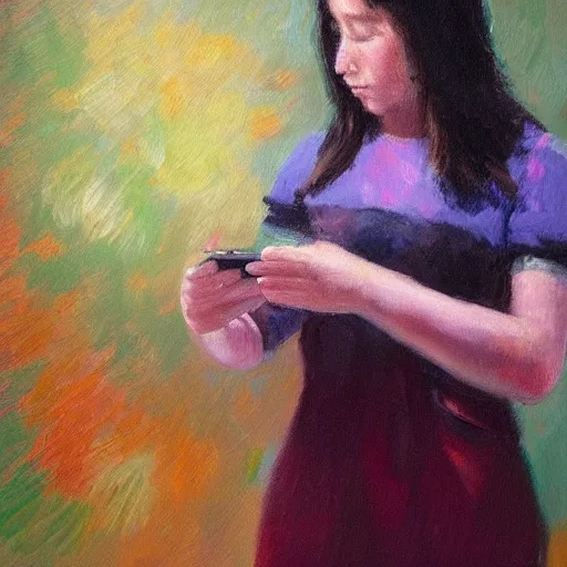 Prompt: a vivid impressionistic painting portrait of a bored woman, she is holding a smartphone, oil on canvas, trending on artstation