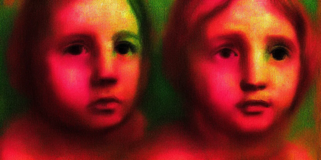 Prompt: infrared face, realism painting, with bokeh and anaglyph effect, by Camille Corot