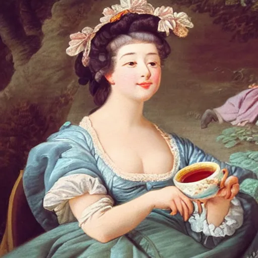 Prompt: a beautiful close - up portrait painting of a woman sipping tea in a park by francois boucher