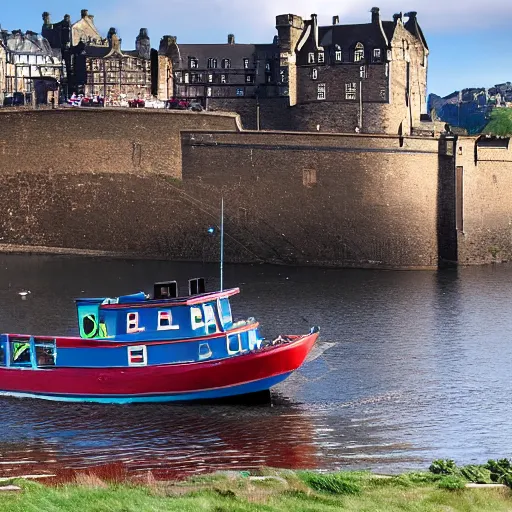 Image similar to fishing boat crashed into edinburgh castle, 4k, very very very highly detailed, hyper realistic realistic