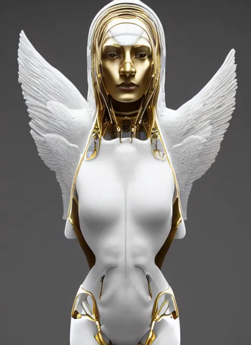 Image similar to a statue made of white marble with gold veins, of an beautiful gorgeous futuristic cybernetic angel girl, prostheses, transhumanism, full body shot, perfect symmetrical body, perfect symmetrical face, hyper realistic, hyper detailed, by johannen voss, by peter kemp, by monia merlo, by michelangelo, octane render, blender, 8 k